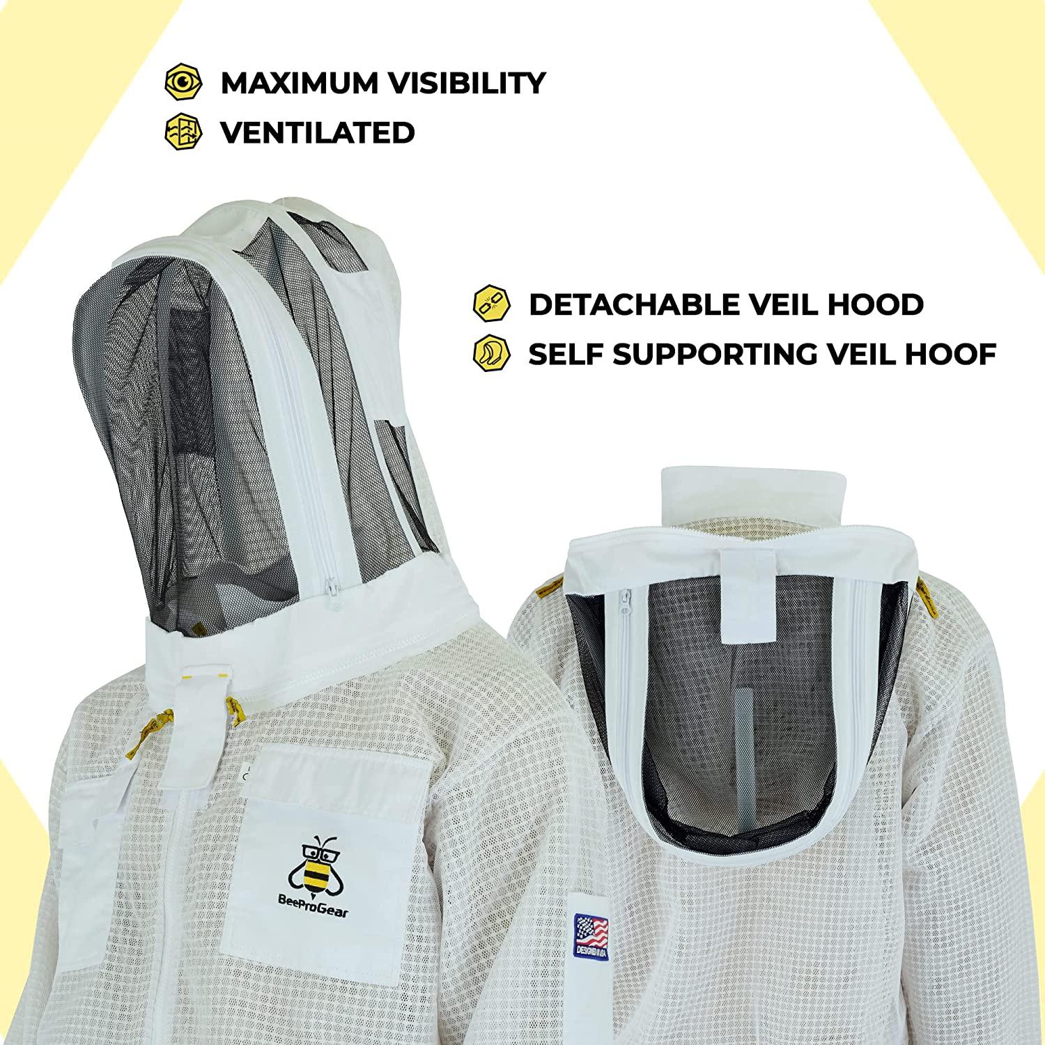BeeProGear Ventilated Bee Suit for Men - 3X Ultra Protective Layer Beekeeping Suit - Premium White Fabric Mesh Bee Keepers Suite - Professional Bee Suit for Women with Fencing Veil (L)