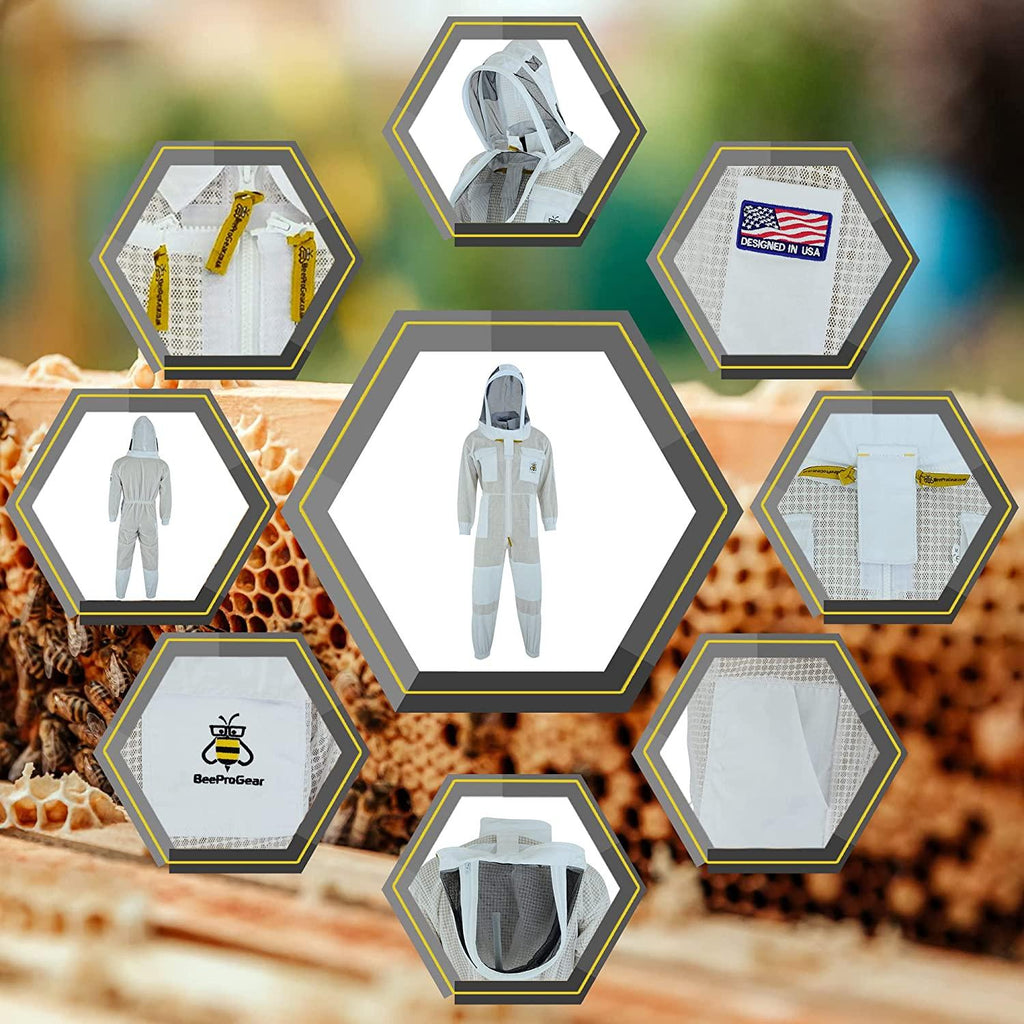 BeeProGear Ventilated Bee Suit for Men - 3X Ultra Protective Layer Beekeeping Suit - Premium White Fabric Mesh Bee Keepers Suite - Professional Bee Suit for Women with Fencing Veil (L)