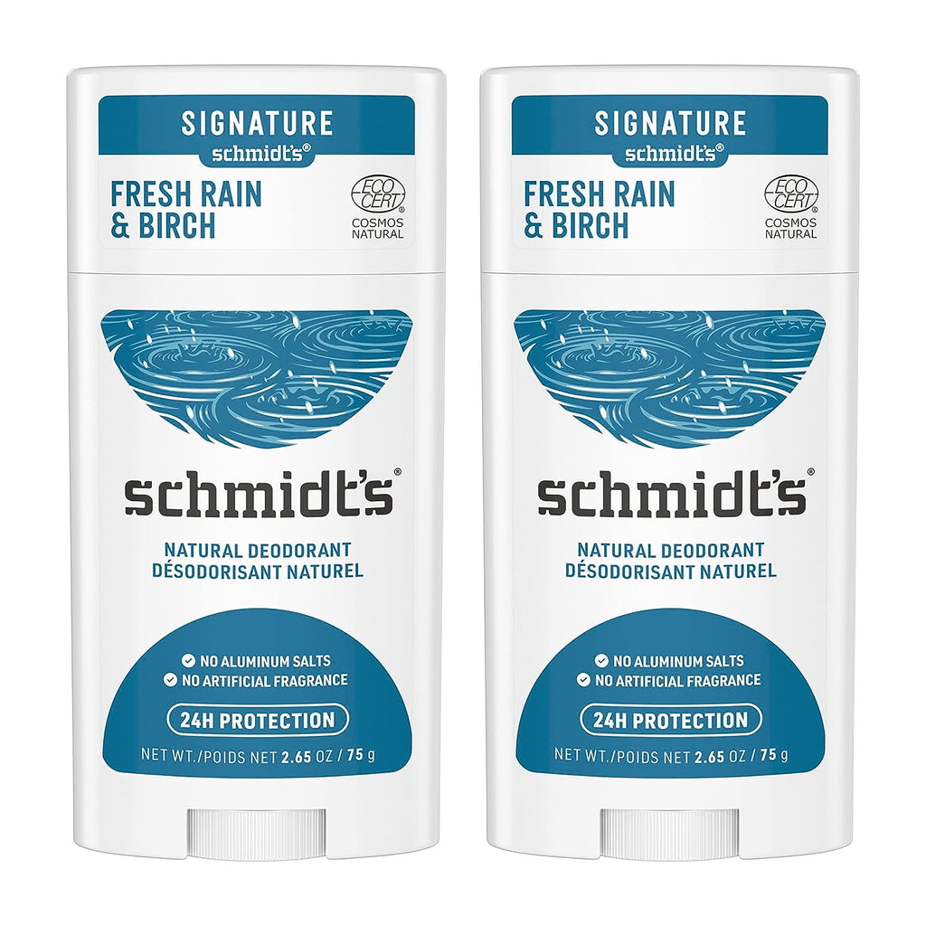 Schmidt's 100% Natural Origin Ingredient Deodorant Stick Fresh Rain &amp; Birch 2 Count for 24-Hour Odor Protection 2.65 oz