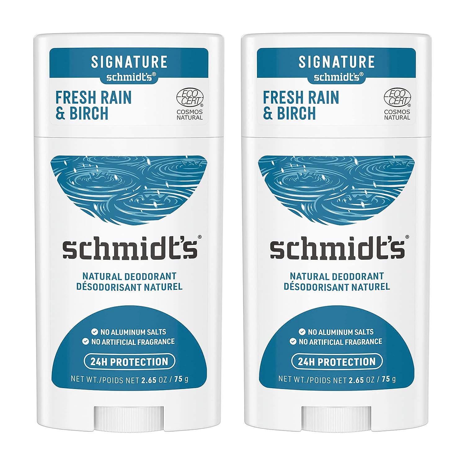 Schmidt's 100% Natural Origin Ingredient Deodorant Stick Fresh Rain &amp; Birch 2 Count for 24-Hour Odor Protection 2.65 oz