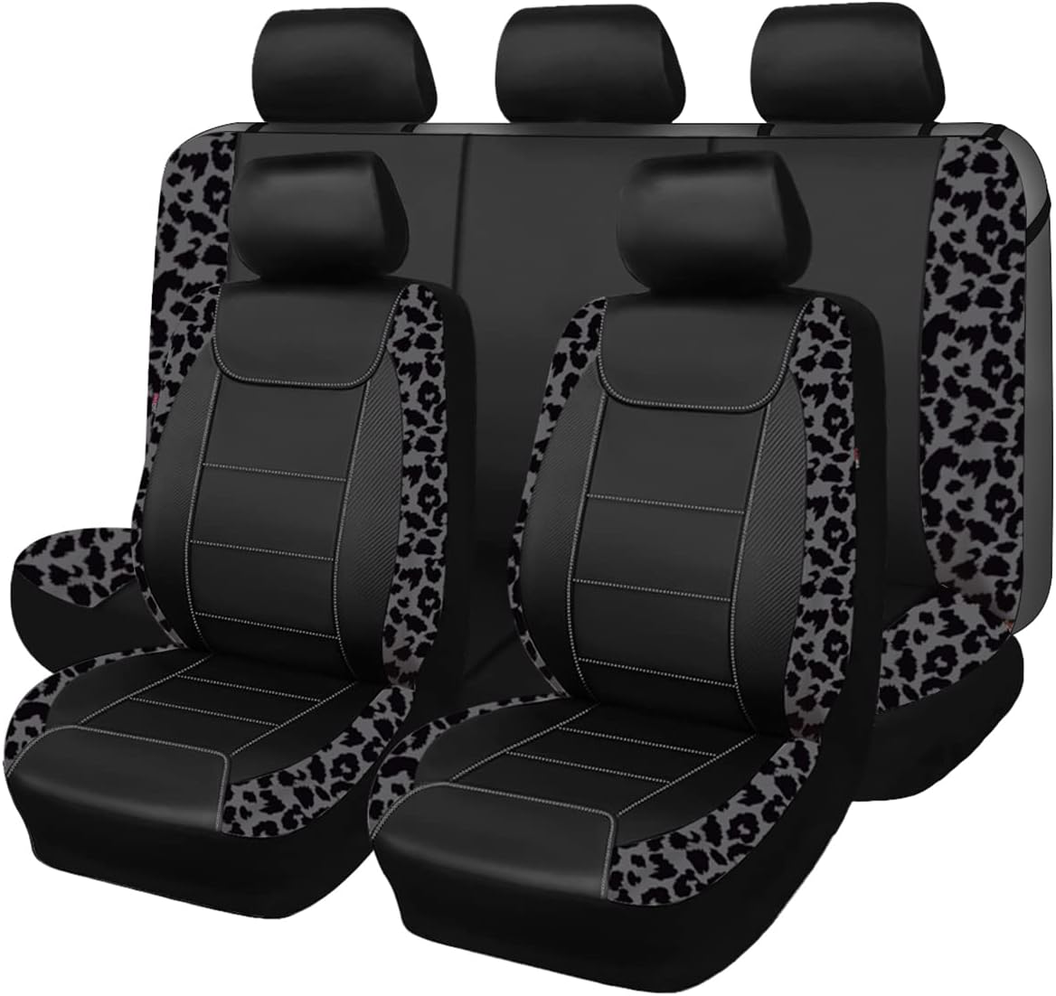 Flying Banner car seat Covers Protects Gray Leopard Printing Velvet Faux Leather Carbon Fiber Front and Rear Bench Full Set (Leopard Gray Black, Full Set - 8PCS)