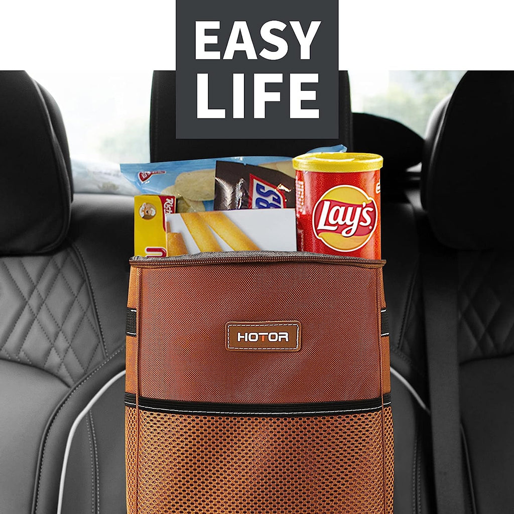 HOTOR Car Trash Can, Multifunctional Car Accessory for Interior Car Stuff Storage with Compact Design, Waterproof Car Organizer and Storage with Adjustable Straps, Magnetic Snaps (Brown)