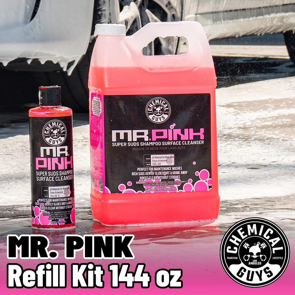 Chemical Guys CWS_402 Mr. Pink Car Wash Soap &amp; Refill Kit, 2 Bottles - (1) 16 oz and (1) Gallon (Works with Foam Cannons, Foam Guns or Bucket Washes) Safe for Cars, Trucks, Motorcycles, &amp; More, 144 oz