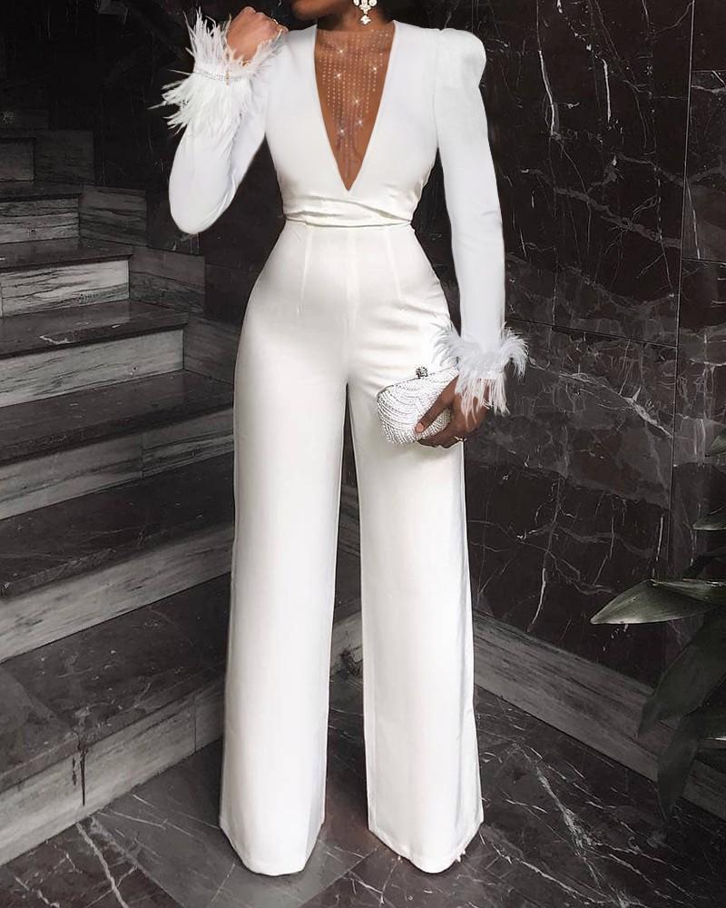 Decorative Feather Design Jumpsuit
