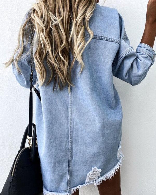 ripped loose bat sleeve denim jacket with pockets