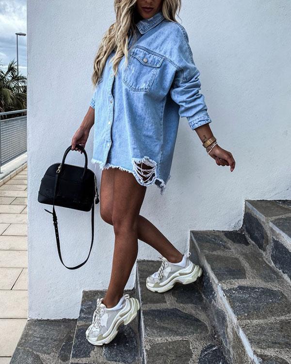 ripped loose bat sleeve denim jacket with pockets