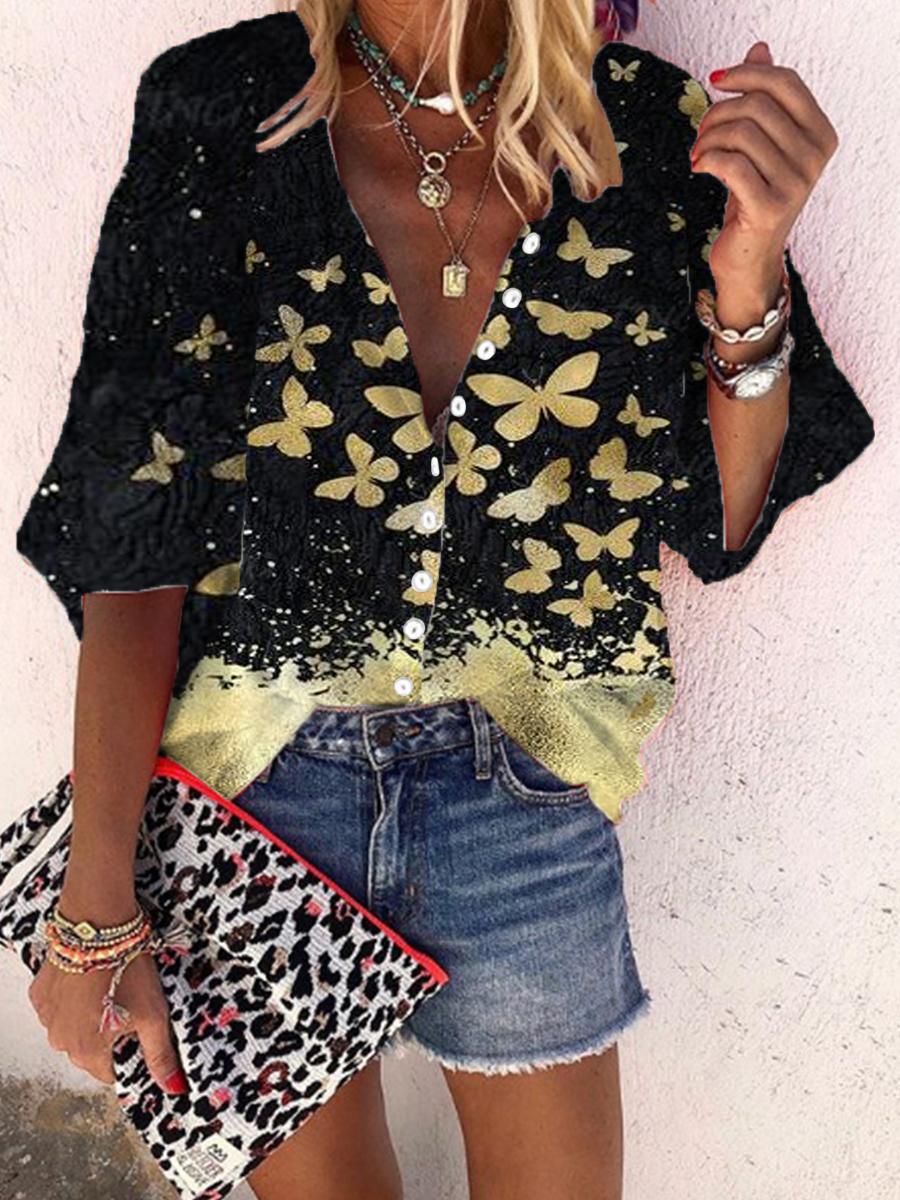 Casual Butterfly Print V-Neck Half Sleeve Loose Shirt