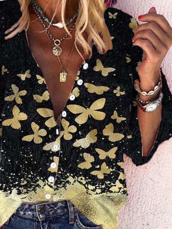 Casual Butterfly Print V-Neck Half Sleeve Loose Shirt