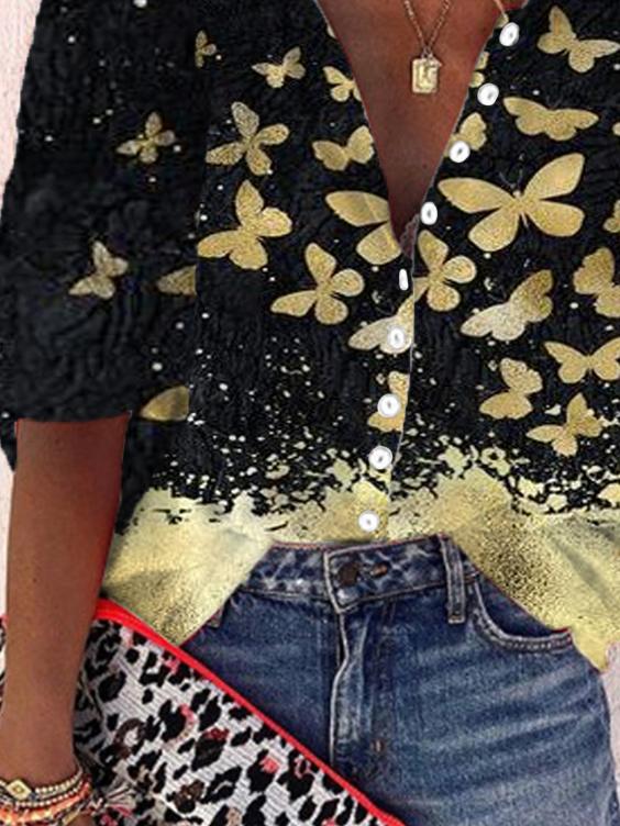 Casual Butterfly Print V-Neck Half Sleeve Loose Shirt