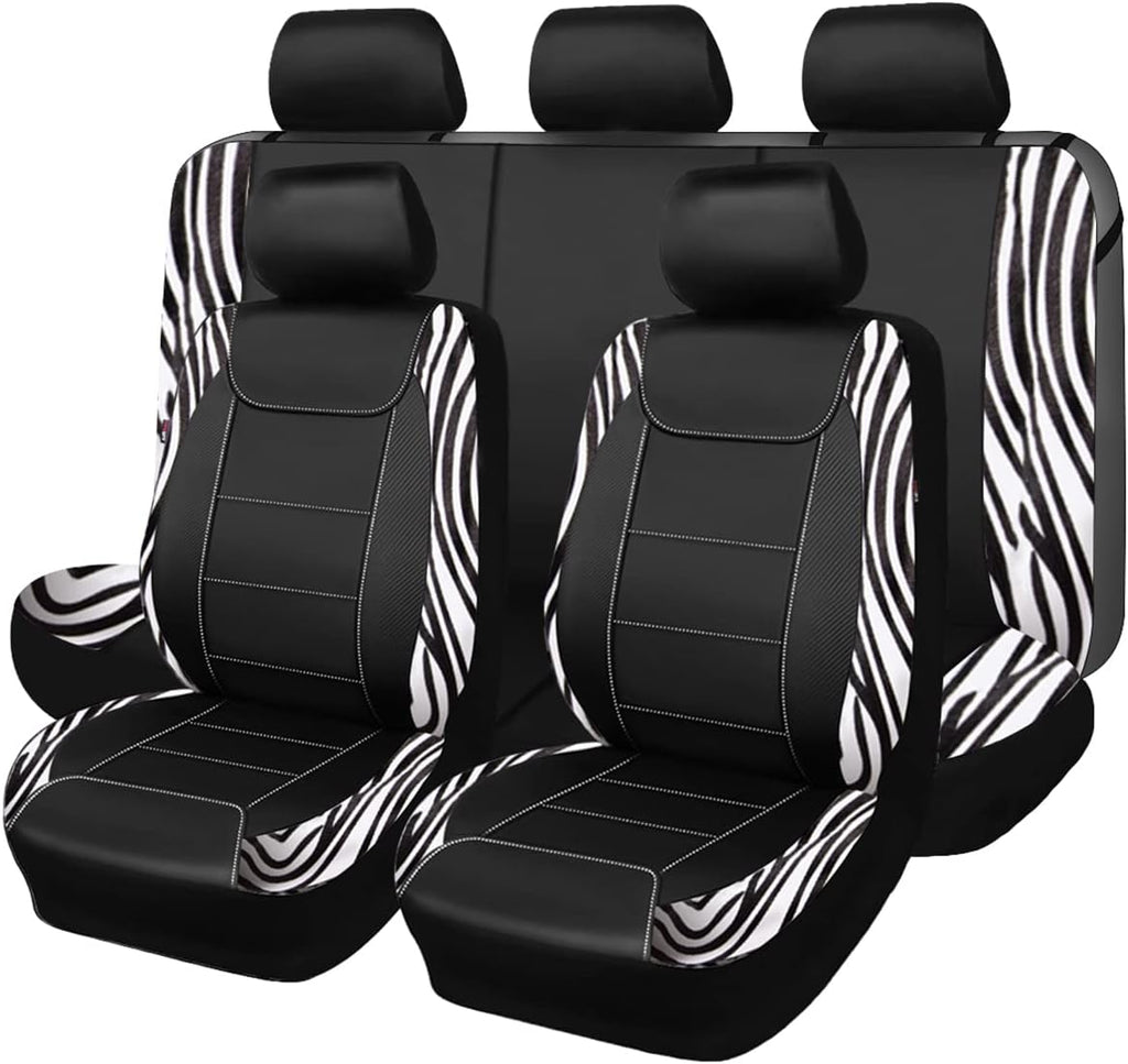 Flying Banner car seat Covers Protects Zebra Printing Velvet Faux Leather Carbon Fiber Front and Rear Bench Full Set (Zebra Black, Full Set - 8PCS)