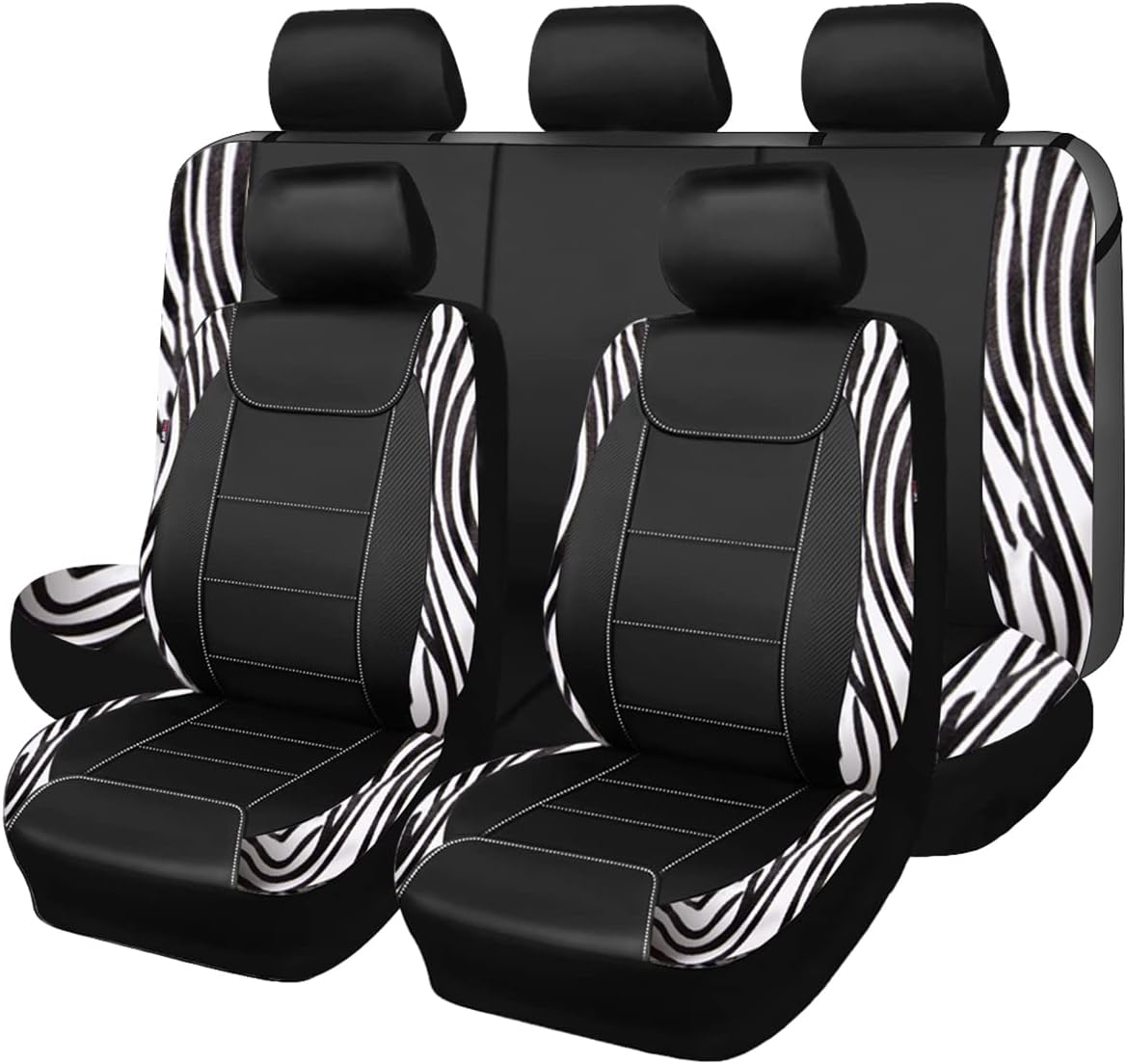 Flying Banner car seat Covers Protects Zebra Printing Velvet Faux Leather Carbon Fiber Front and Rear Bench Full Set (Zebra Black, Full Set - 8PCS)