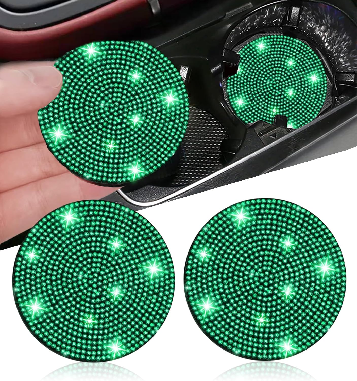 2pcs Bling Car Cup Holder Coaster, 2.75 inch Anti-Slip Shockproof Universal Fashion Vehicle Cup Holders Insert Bling Crystal Rhinestone Auto Automotive Interior Accessories for Women (2 pcs, Green)