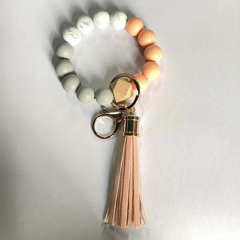 Silicone Beaded Bracelet Keychain, Key Ring Bangle Wristlet Keychain With Faux Leather Tassel For Women/Girls