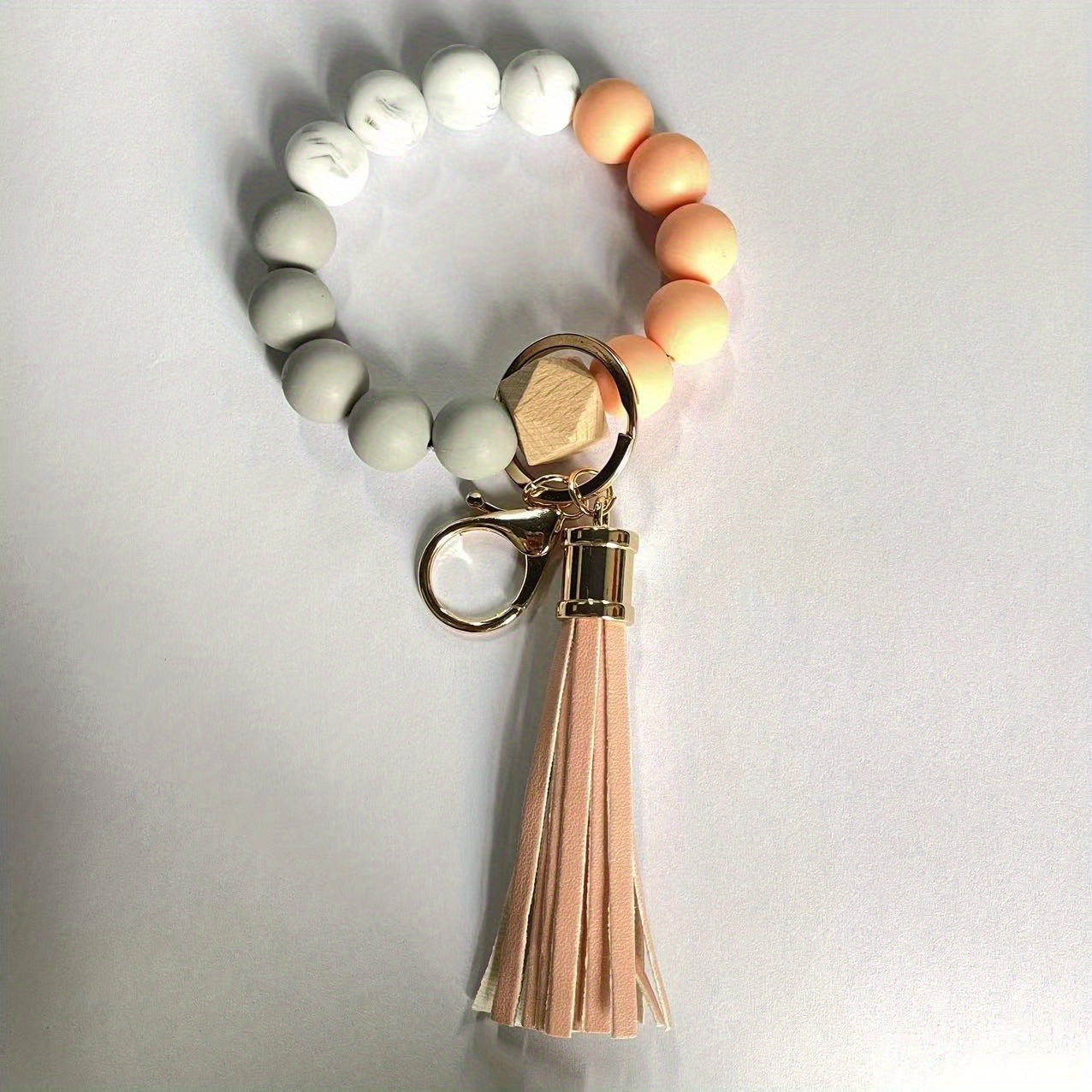 Silicone Beaded Bracelet Keychain, Key Ring Bangle Wristlet Keychain With Faux Leather Tassel For Women/Girls