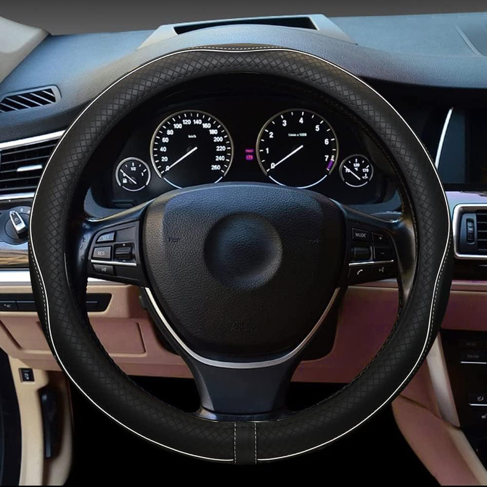 Car Steering Wheel Cover, Anti-Slip, Safety, Soft, Breathable, Heavy Duty, Thick, Full Surround, Sports Style (Black with White Line)