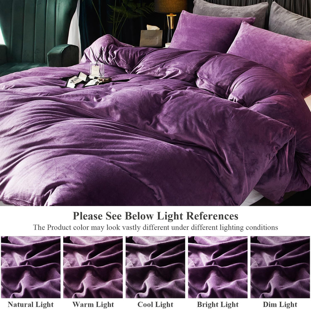 Ivellow Velvet Duvet Cover Queen Purple Velvet Queen Duvet Cover Comforter Cover 3Pcs Ultra Soft Duvet Cover Breathable Solid Luxury Flannel Velour Duvet Cover Zipper Closure Corner Tie