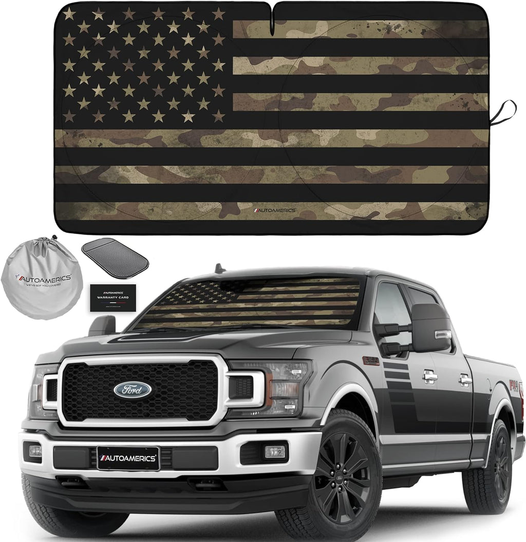 Autoamerics 1-Piece Windshield Sun Shade Dark Camo American Flag USA  - Foldable Car Front Window Sunshade for Most Sedans SUV Truck - Blocks Max UV Rays and Keeps Your Vehicle Cool - X-Large