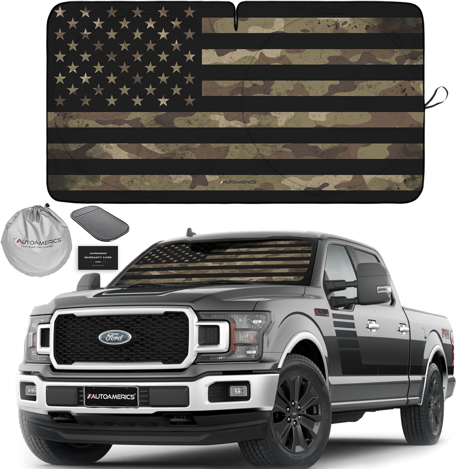 Autoamerics 1-Piece Windshield Sun Shade Dark Camo American Flag USA  - Foldable Car Front Window Sunshade for Most Sedans SUV Truck - Blocks Max UV Rays and Keeps Your Vehicle Cool - X-Large