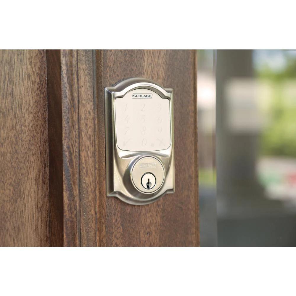Camelot Satin Nickel Sense Smart Door Lock with Right Handed Flair Lever Door Handleset