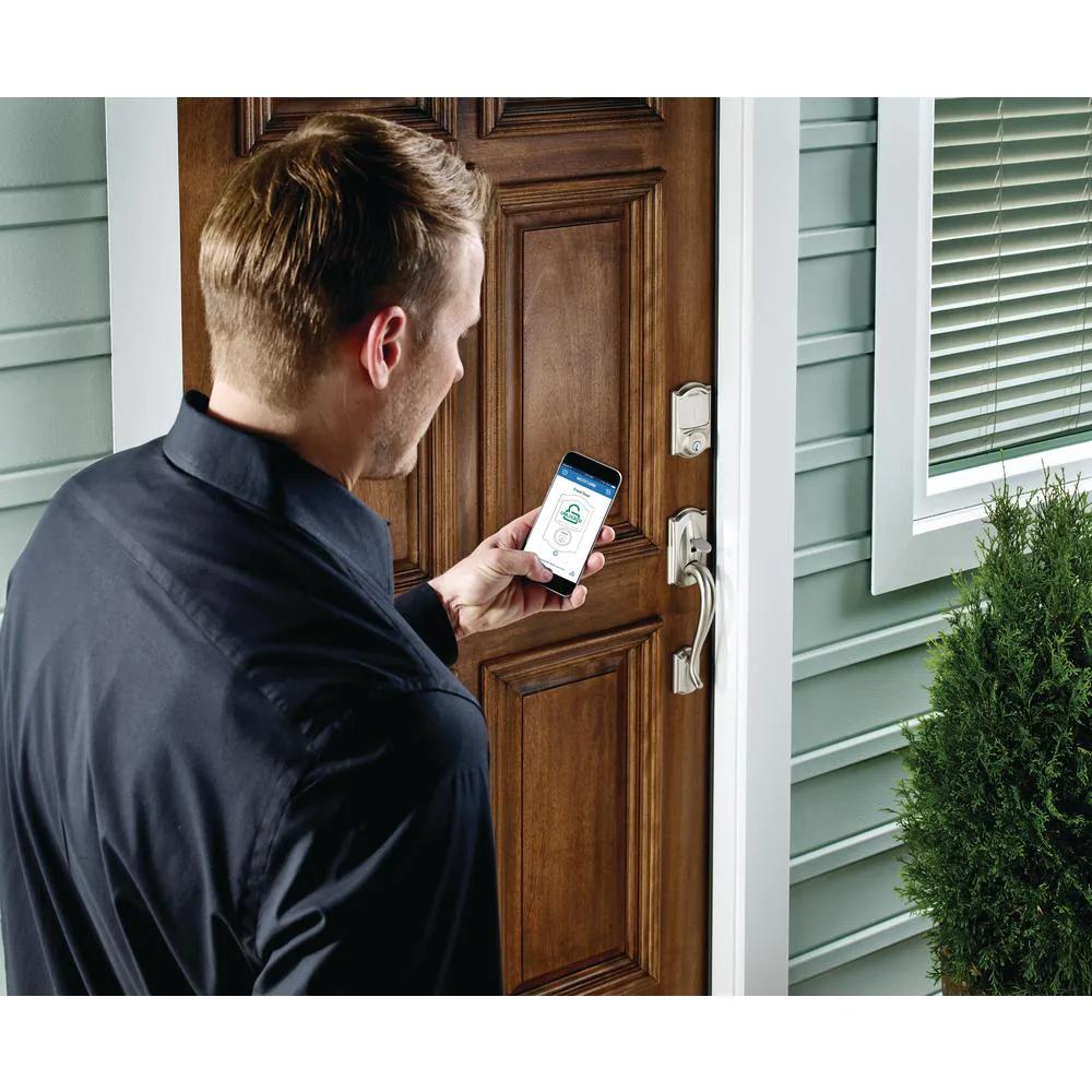 Camelot Satin Nickel Sense Smart Door Lock with Right Handed Flair Lever Door Handleset