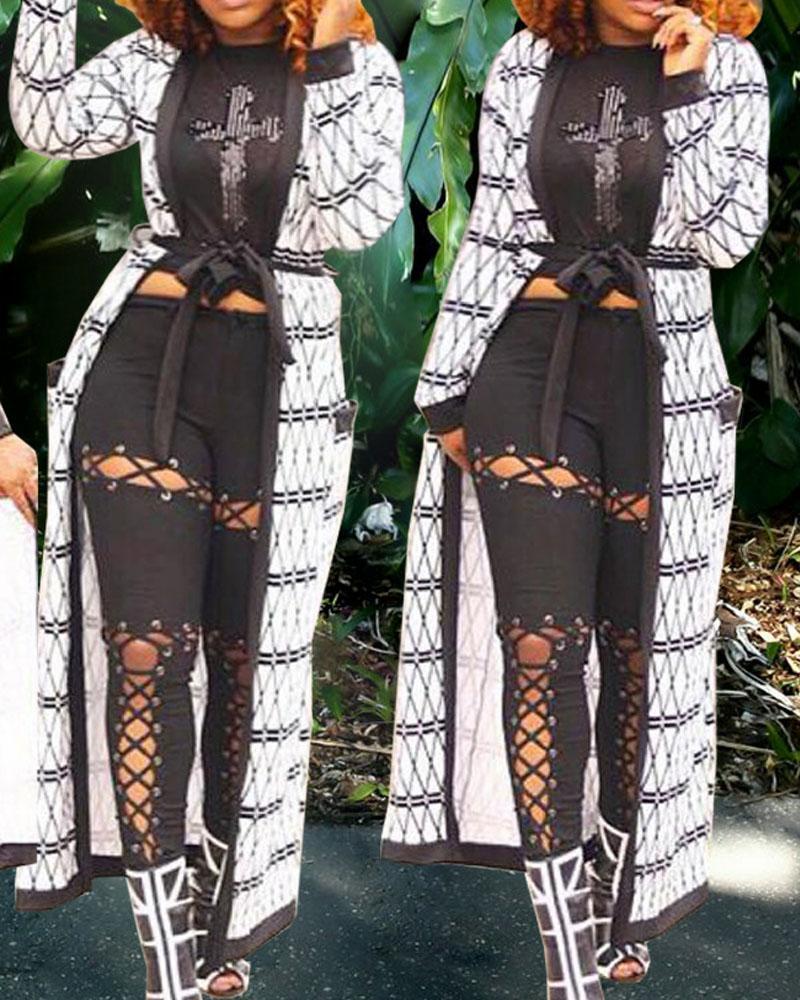 Argyle Print Open Front Belted Longline Cardigan