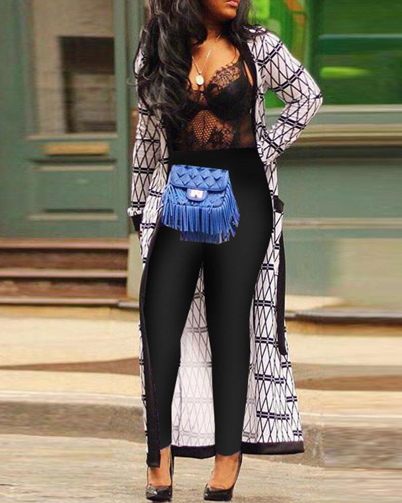 Argyle Print Open Front Belted Longline Cardigan