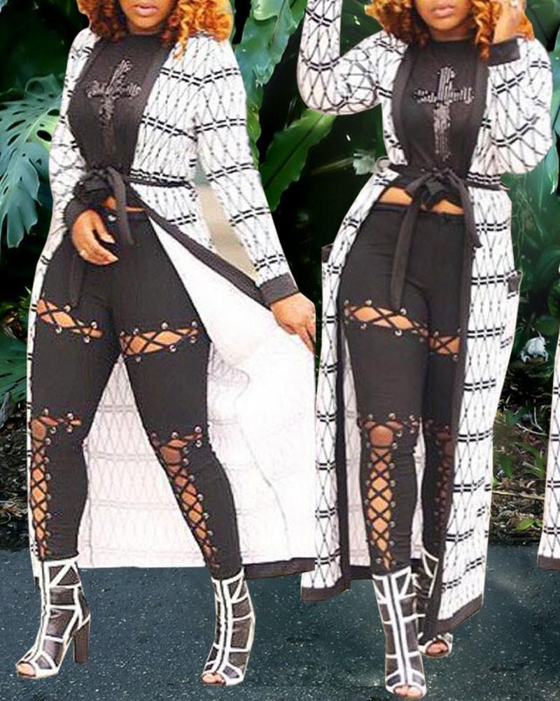 Argyle Print Open Front Belted Longline Cardigan