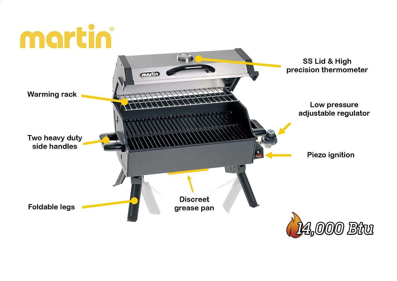 Portable Propane BBQ Gas Grill 14,000 Btu Porcelain Grid Support Legs Grease Pan