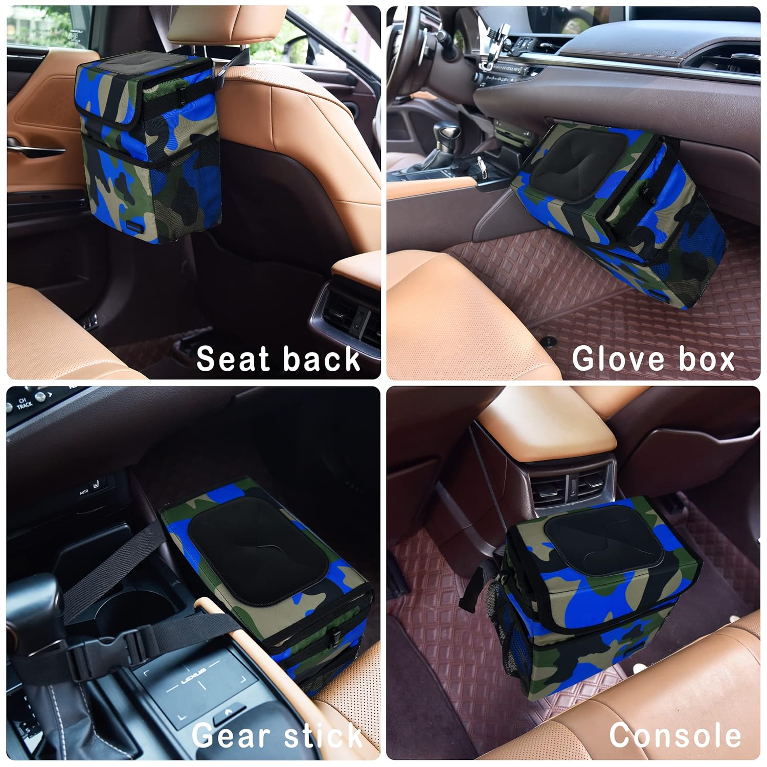 SIBOFUEGO Cute Car Trash Can with Lid - Leak Proof Car Trash Bag Hanging Waterproof Car Garbage Can with Storage Pockets Multipurpose Collapsible Car Organizer (Camo Blue)
