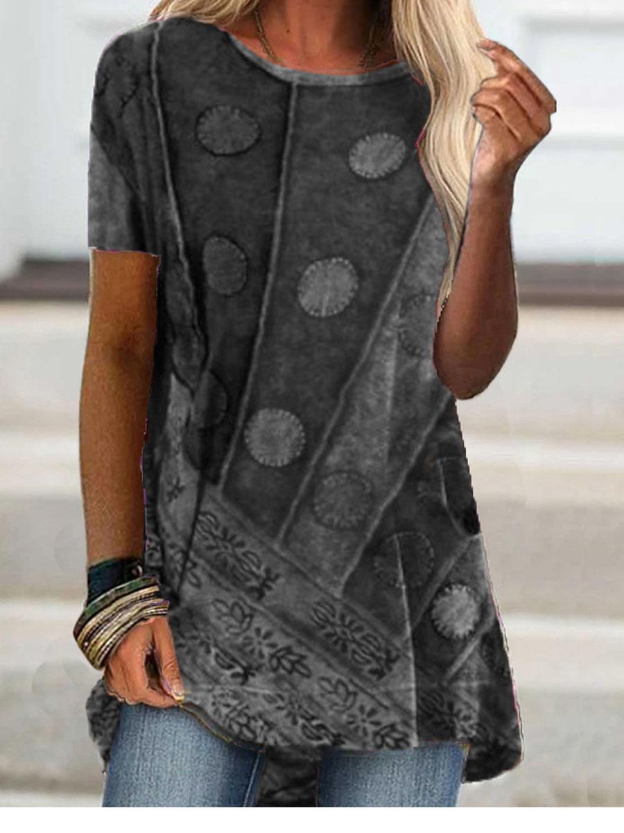 Round Neck Retro Print Casual Short-sleeved T-shirt