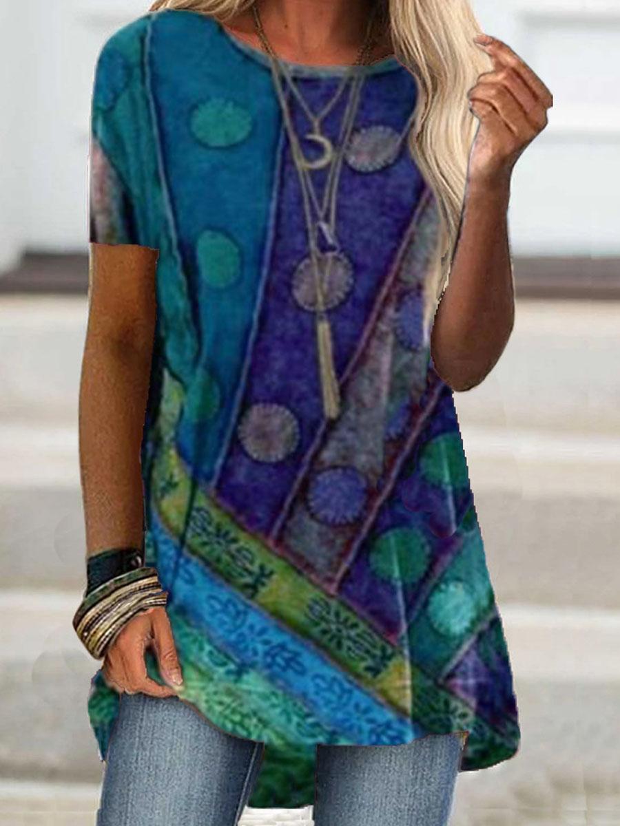Round Neck Retro Print Casual Short-sleeved T-shirt