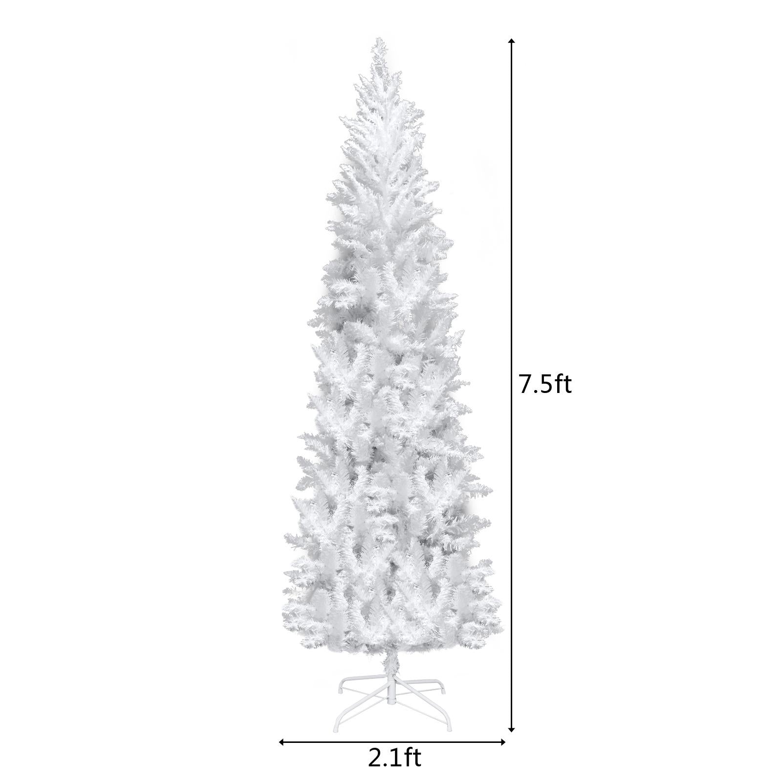 Pre-lit Artificial Christmas Trees, BTMWAY 7.5 Ft Pencil Slim Christmas Trees with Lights, 1050 Branch Tips, Metal Base, White, R240