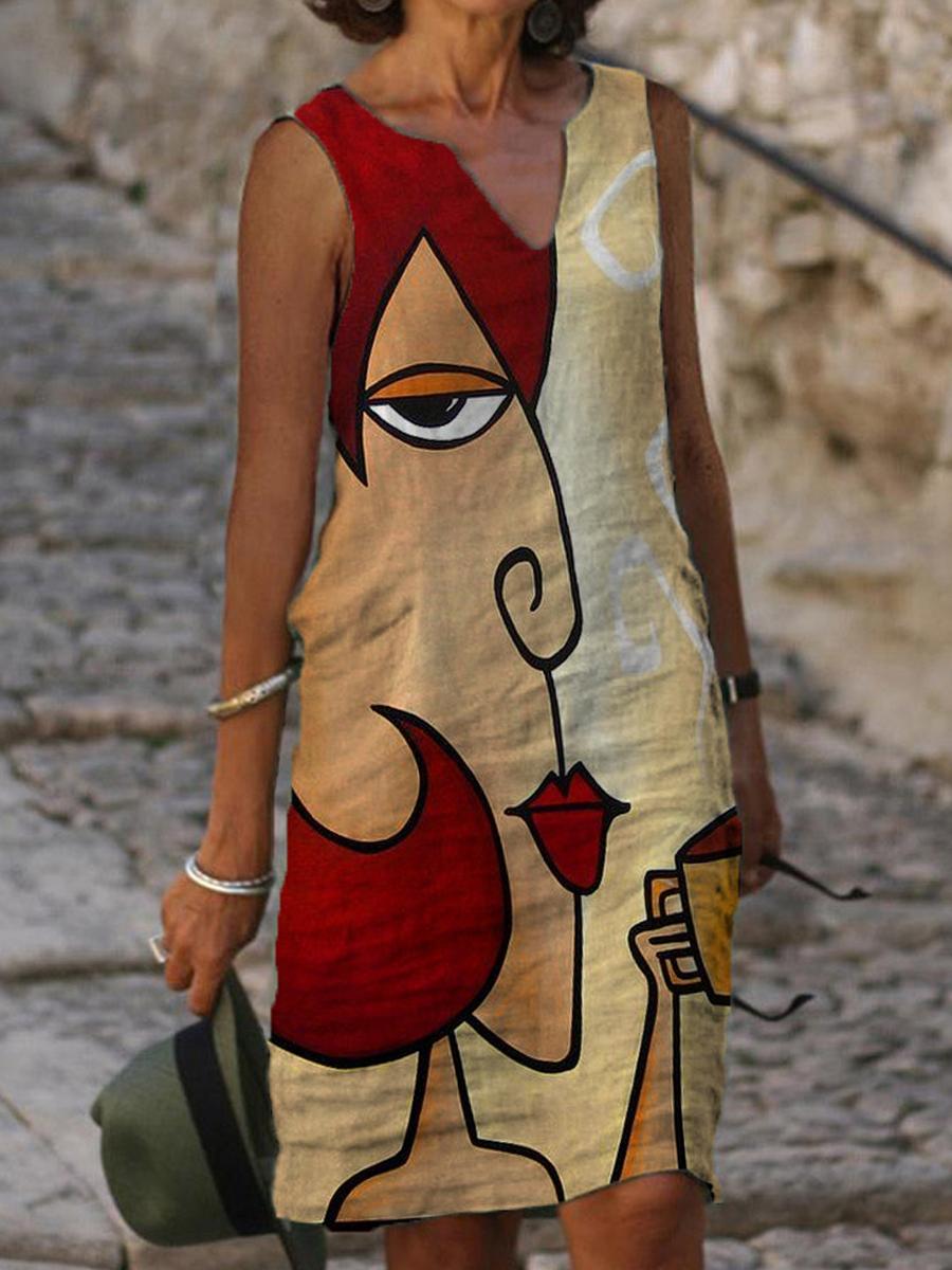 Fashion Art Print V-neck Sleeveless Midi Dress