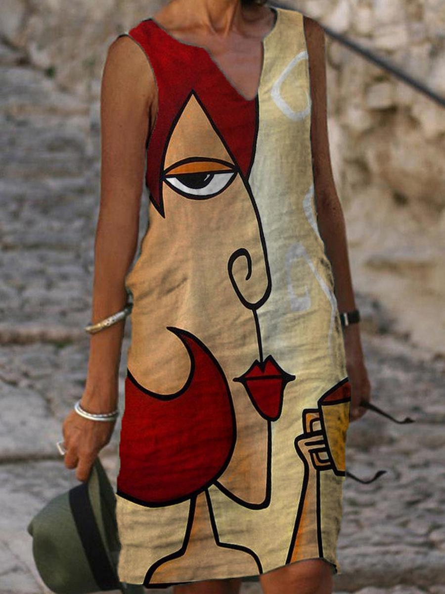 Fashion Art Print V-neck Sleeveless Midi Dress