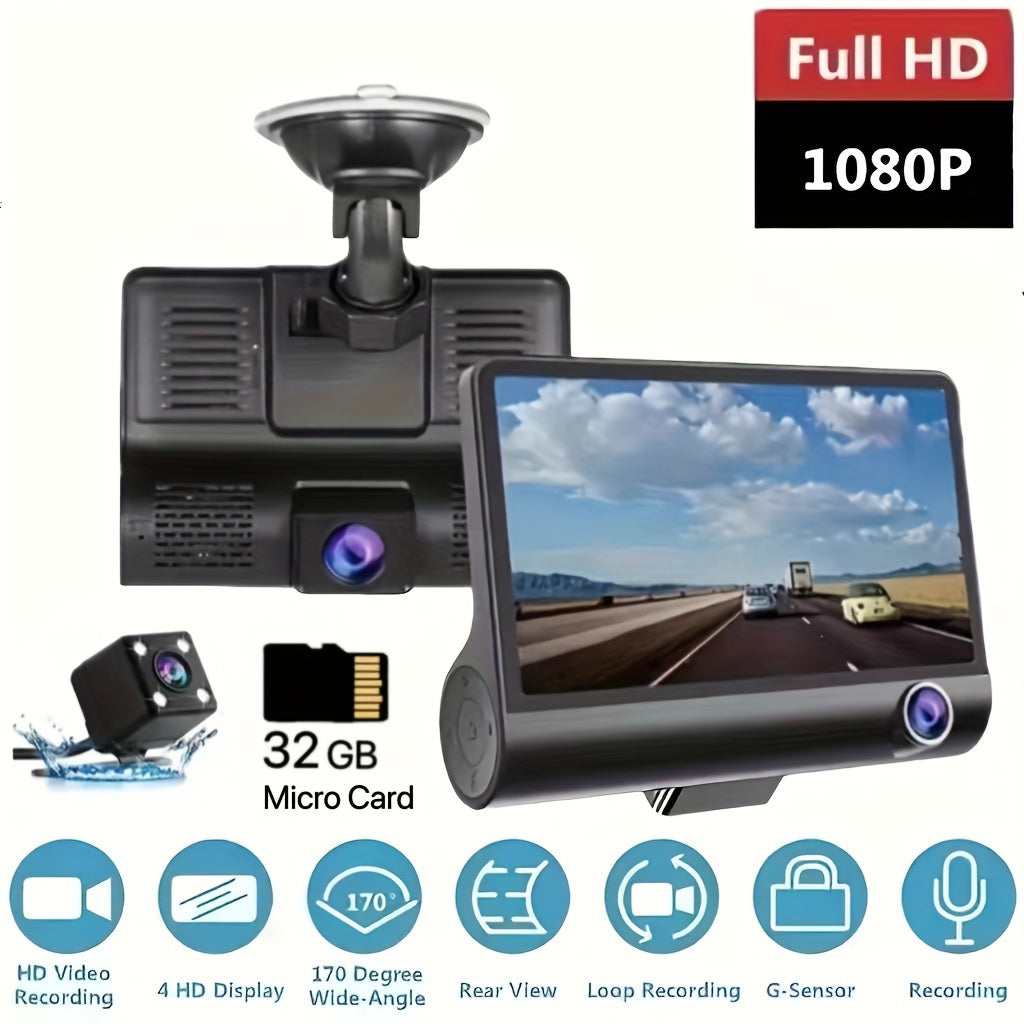 3 Lens Dash Camera, 4'' Touch IPS Screen Car Video Recorder, 1080P +720P+720P
