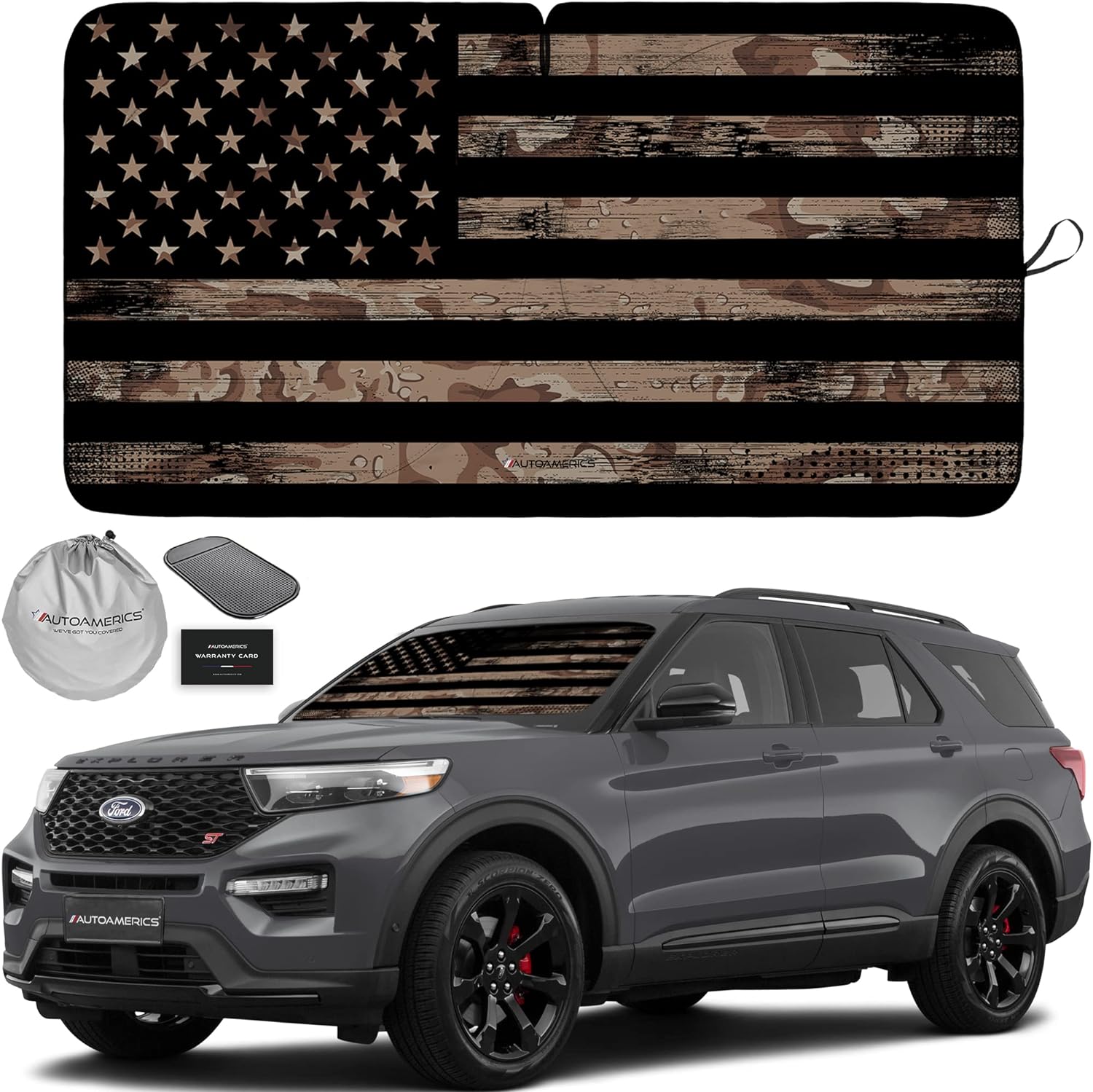 Autoamerics 1-Piece Windshield Sun Shade Brown Camo American Flag USA  - Foldable Car Front Window Sunshade for Most Sedans SUV Truck - Blocks Max UV Rays and Keeps Your Vehicle Cool - Medium
