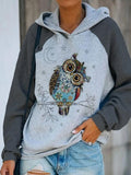 Casual Owl Print Long-Sleeved Hooded Sweatshirt