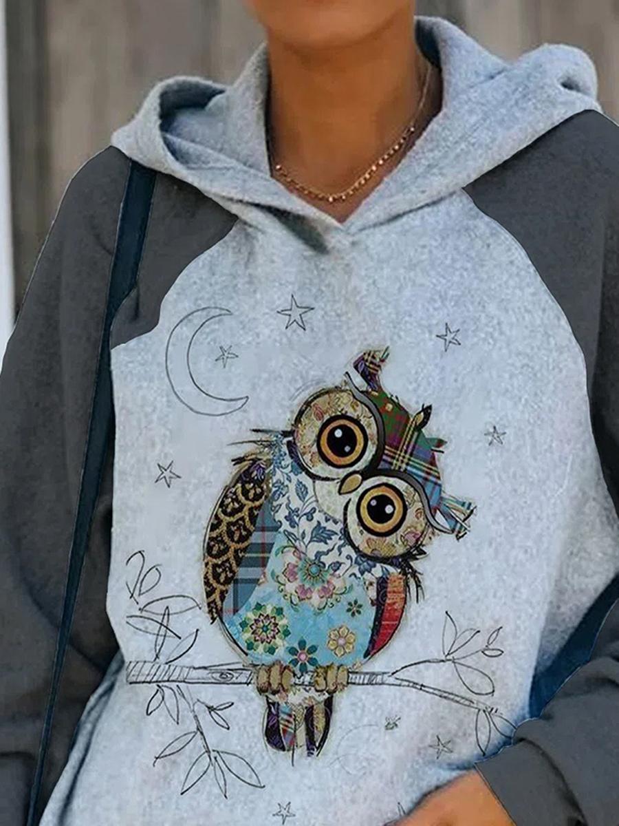 Casual Owl Print Long-Sleeved Hooded Sweatshirt