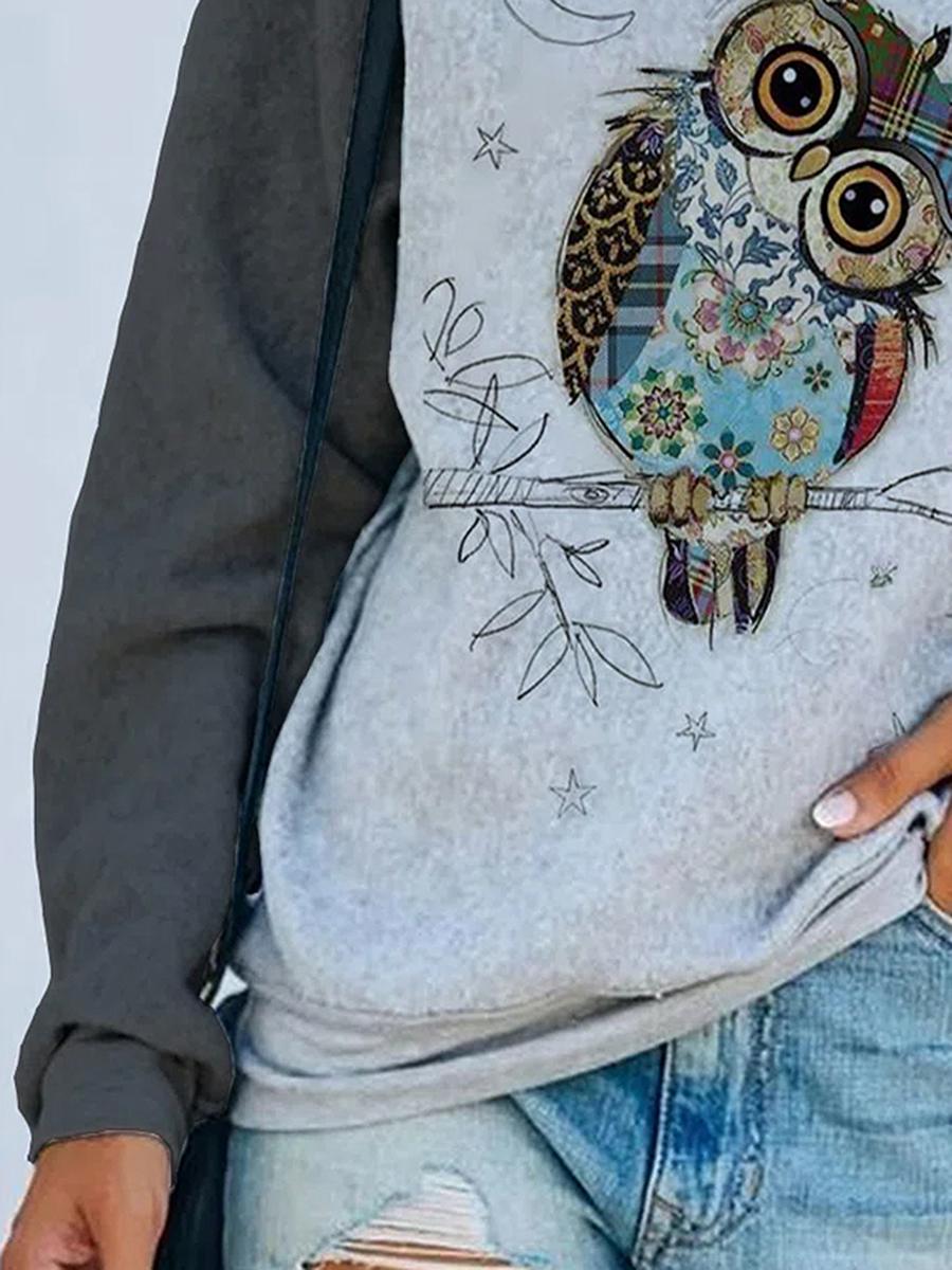 Casual Owl Print Long-Sleeved Hooded Sweatshirt