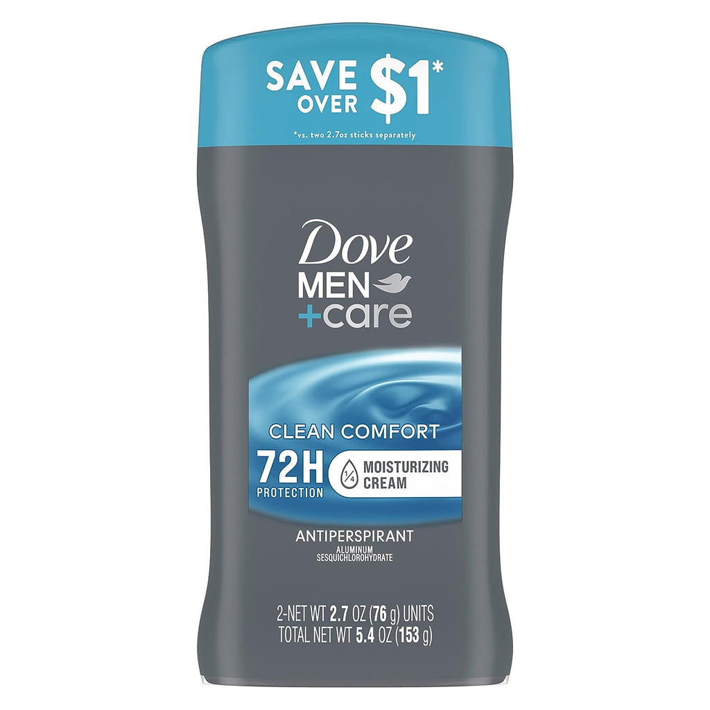 Dove Men+Care Antiperspirant Deodorant Stick Clean Comfort Twin Pack 72-Hour Sweat &amp; Odor Protection Antiperspirant for Men With 1/4 Moisturizing Cream 2.7 oz