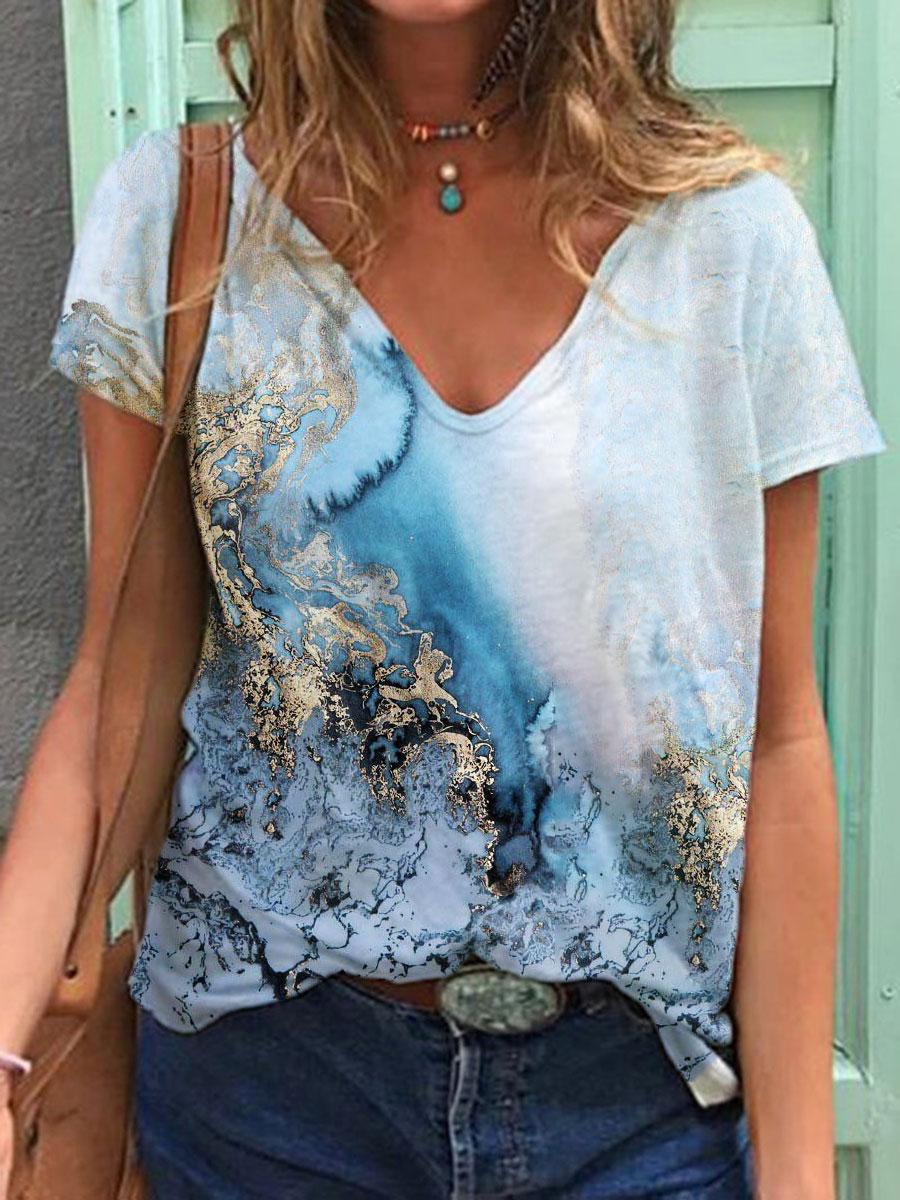 V-neck Loose Casual Bronzing Short-sleeved T-shirt