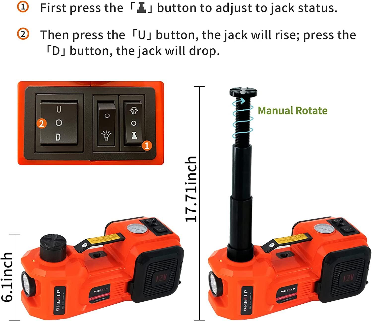 E-HEELP Electric Car Jack 5Ton 12V Kit Car Jack Hydraulic (Lifting Range: 6.1~17.7 inch) with Inflator Electric Jack for Car SUV Sedan MPV ChanTires GaraRepair Emergency Kit