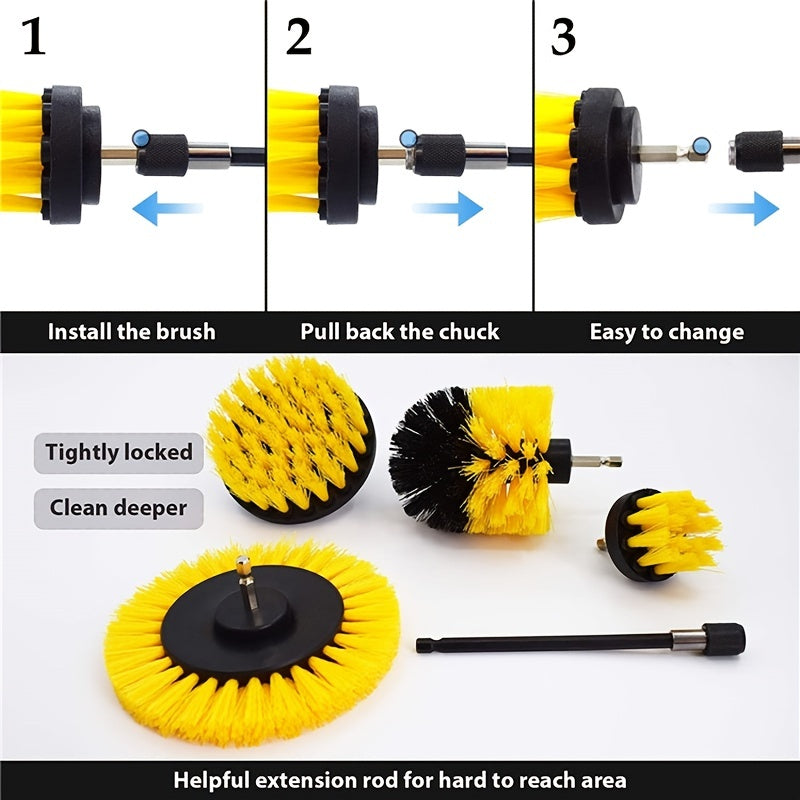 Drill Brush, Power Scrubber Cleaning Brush Extended Long Attachment Set All Purpose Drill Scrub Brushes Car Polishing Pad Kit (Not Included Drill)