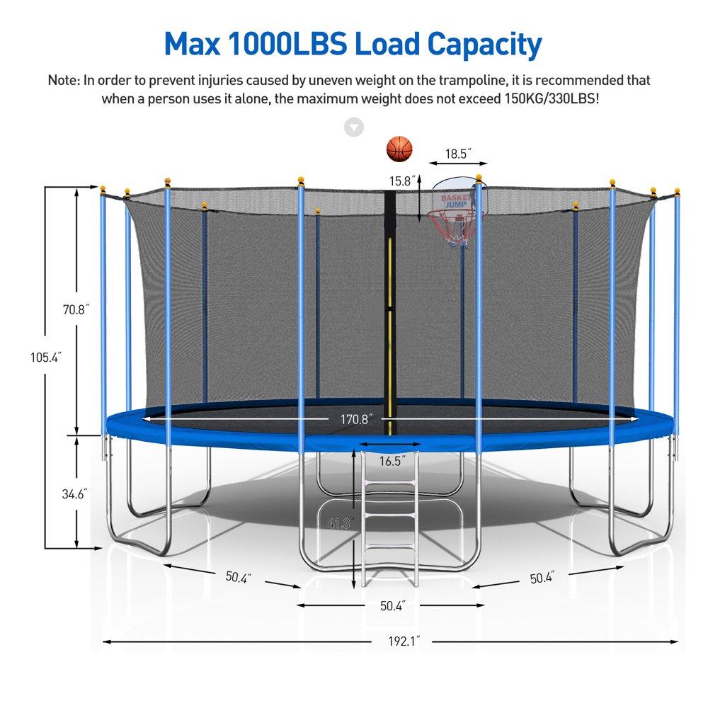 16 FT Trampoline with Enclosure, 2021 Newest Outdoor Trampoline for Adults Kids, with Basketball Hoop, Basketball, Heavy-Duty Fitness Trampoline for Backyard for 8-9 Kids