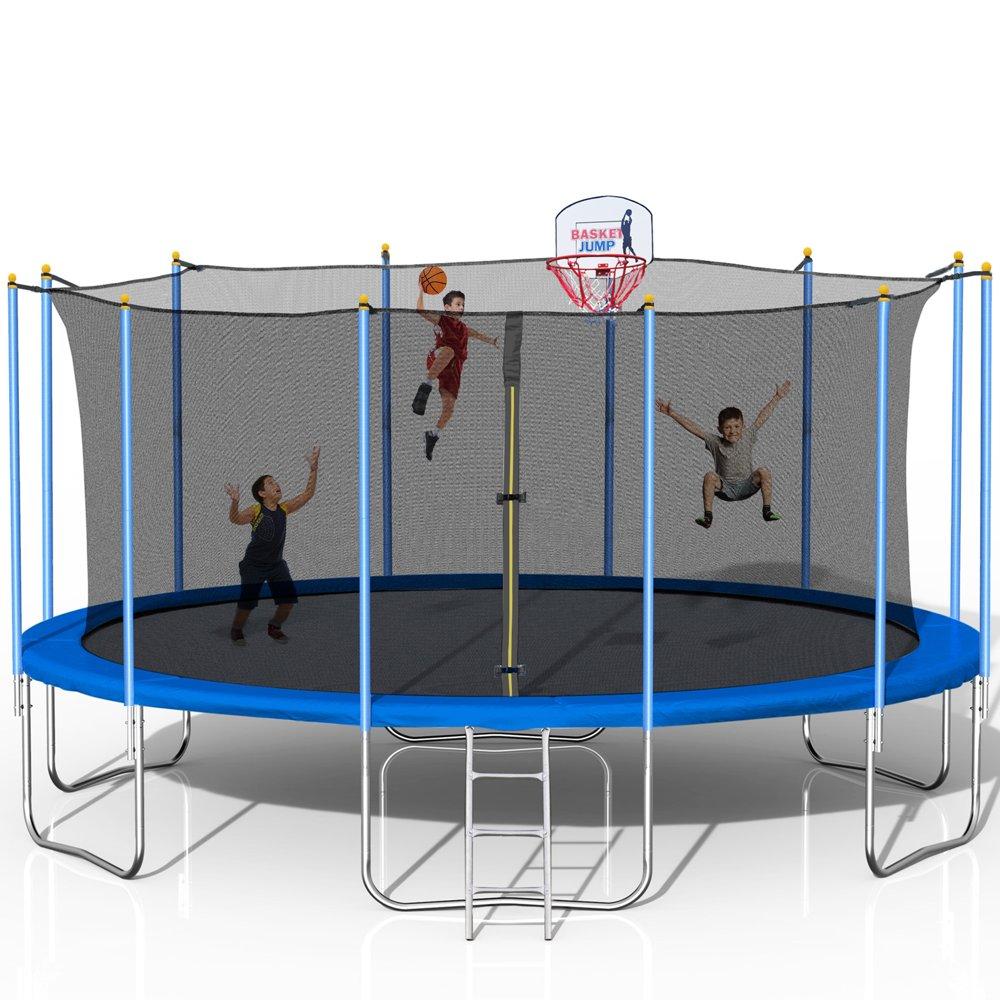 16 FT Trampoline with Enclosure, 2021 Newest Outdoor Trampoline for Adults Kids, with Basketball Hoop, Basketball, Heavy-Duty Fitness Trampoline for Backyard for 8-9 Kids