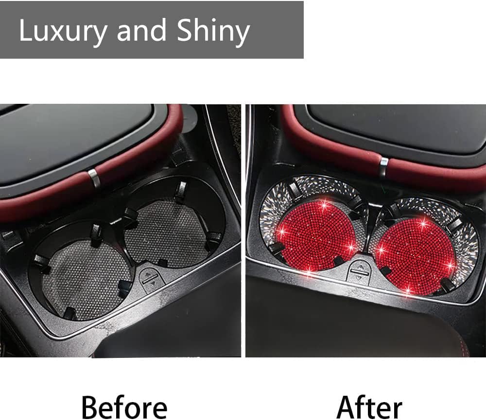 2pcs Bling Car Cup Holder Coaster, 2.75 inch Anti-Slip Shockproof Universal Fashion Vehicle Car Coasters Insert Bling Crystal Rhinestone Auto Automotive Interior Accessories for Women (2 pcs, Red)