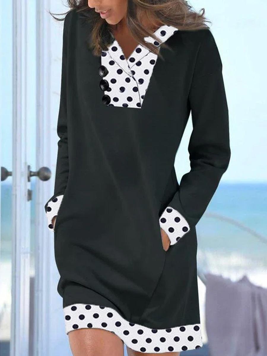 Casual Print Lapel Long Sleeves Shift Dress