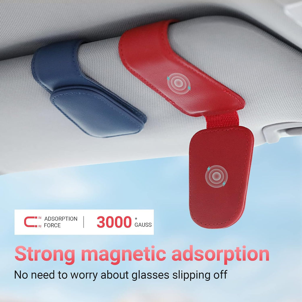 Sunglass Holder for Car Visor Sunglasses Clip Magnetic Leather Glasses Eyeglass Holder Interior Car Accessories for Woman Man - 2 Packs Red