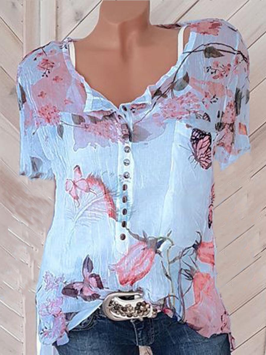 Floral Printed Short Sleeve Blouses