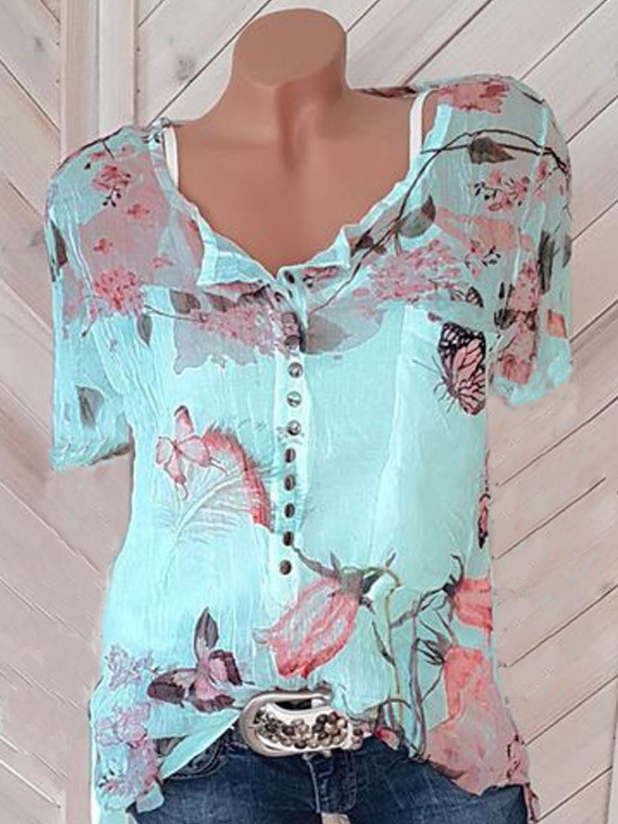 Floral Printed Short Sleeve Blouses